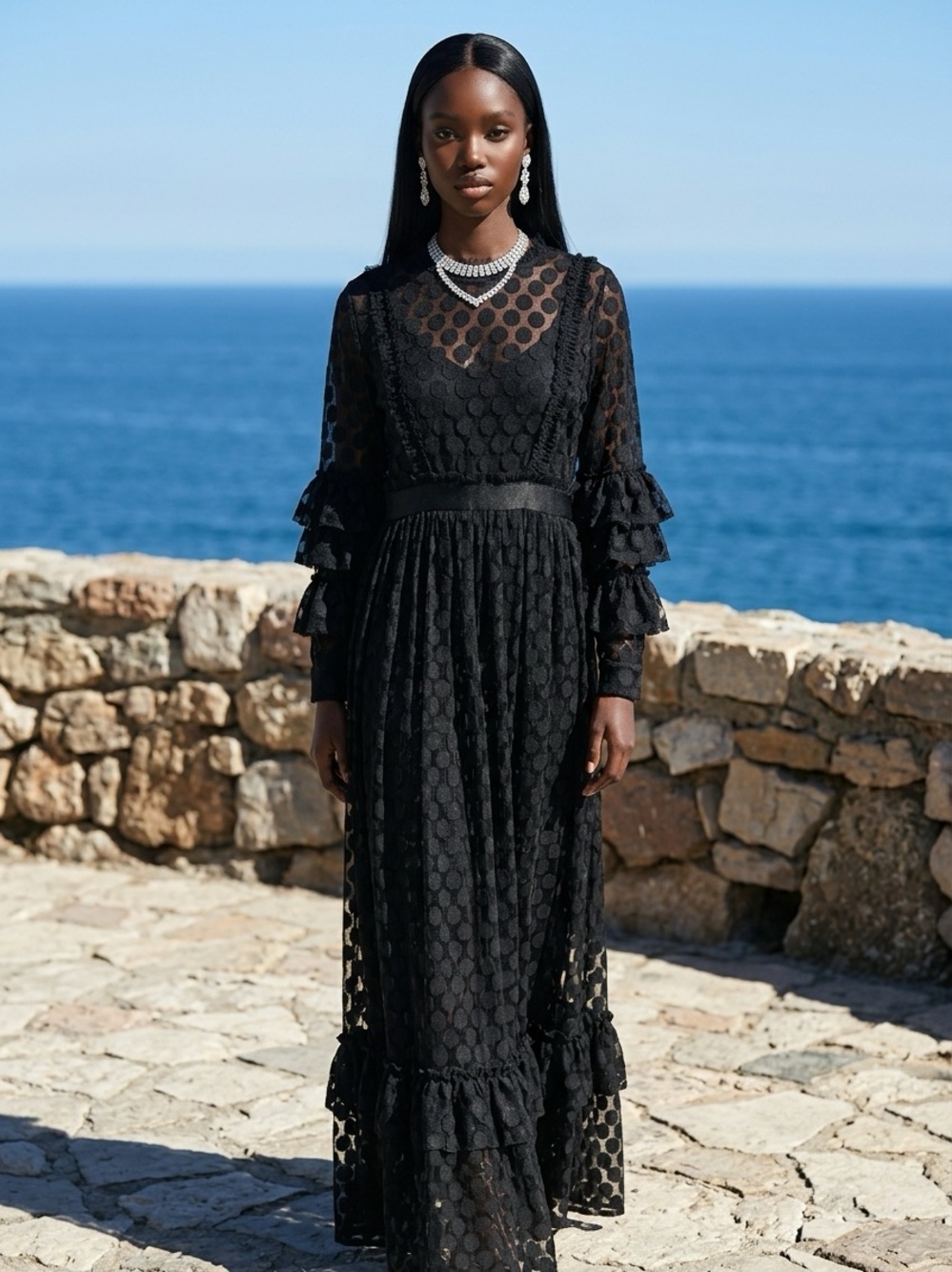 Elegant Black Lace Maxi Dress with Ruffle Sleeves
